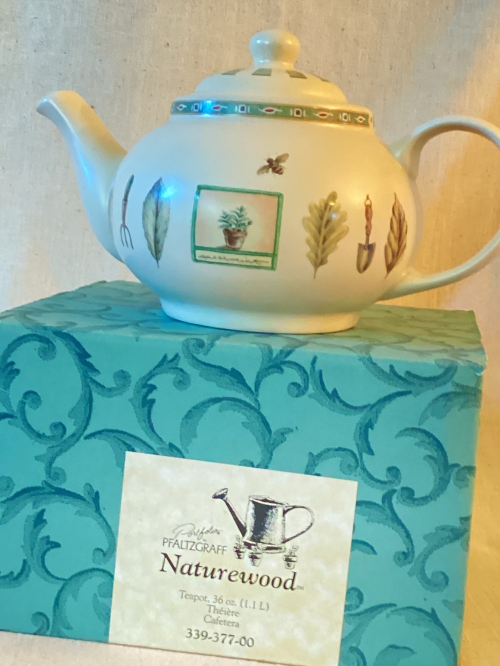 Pfaltzgraff Naturewood Cream Teapot with Green and Brown Botanical Accents